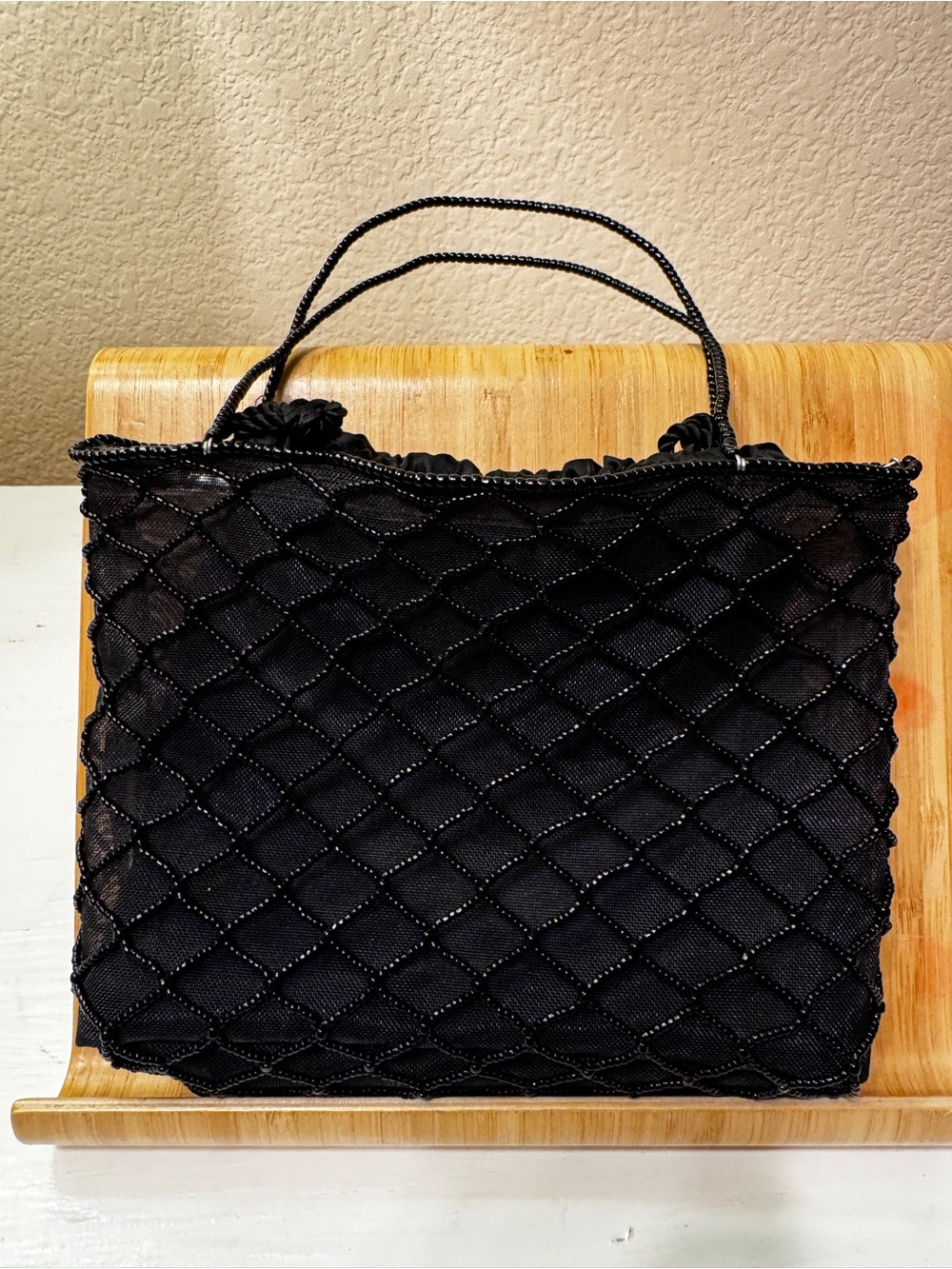 Bechamel Black Quilted Beaded Wristlet Clutch